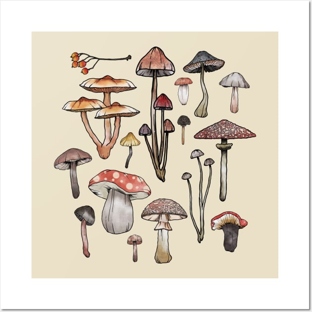 Watercolor Mushrooms Fungi Cottagecore Goblincore Wall Art by uncommontee